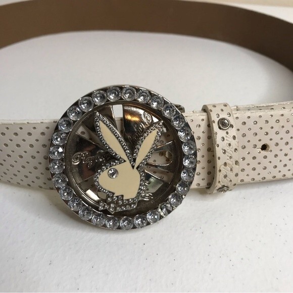 Vintage Playboy Y2K Bunny Spinner Rhinestone Enamel Buckle Bling Belt Off White - Picture 9 of 14